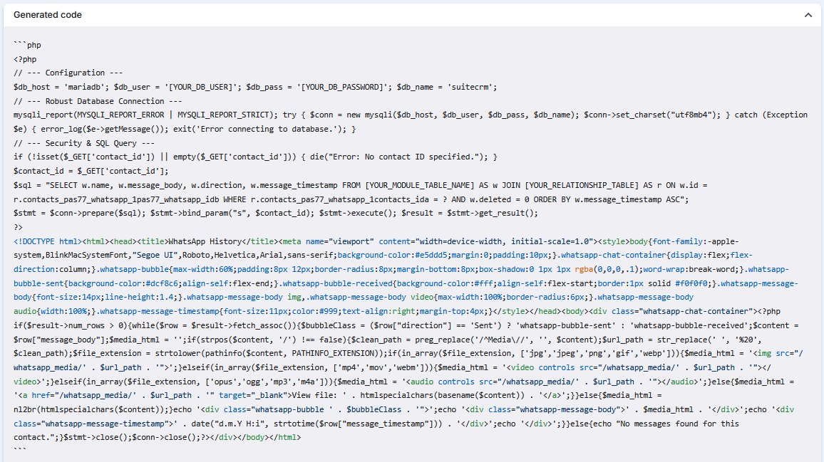 PHP code for the whatsapp_chat_view.php file